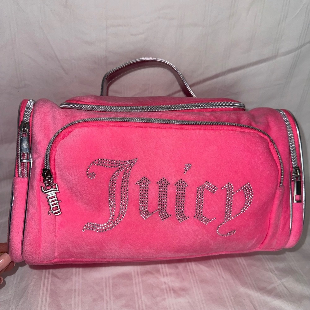 Juicy Couture Hot Pink Velour Rhinestone Logo Makeup Bag Vanity Travel Case